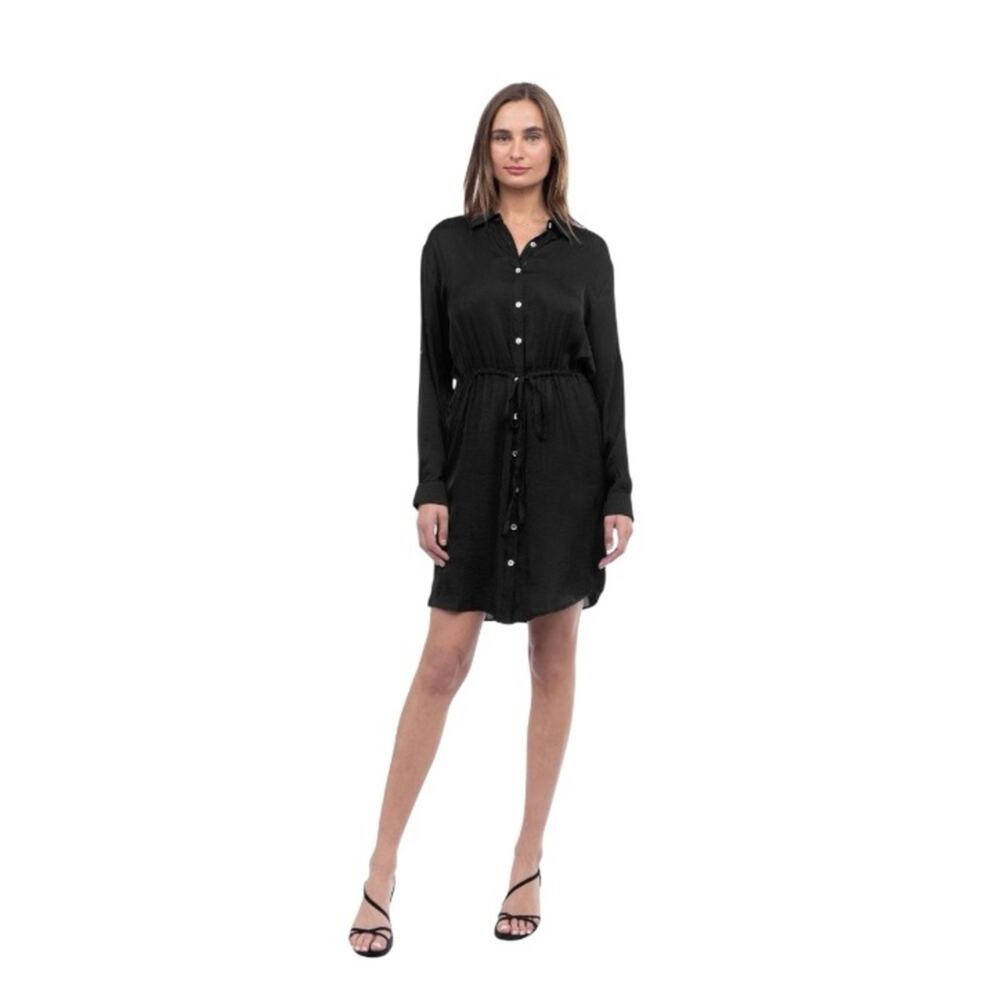 Naked Zebra Long Sleeve Shirt Dress With Drawstring Waist Black Roll Tab Small